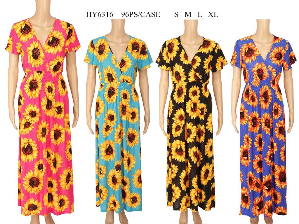 Wholesale Women’s Sunflower Maxi Dress – Floral V-Neck Long Summer Dresses Bulk - 96 PCS