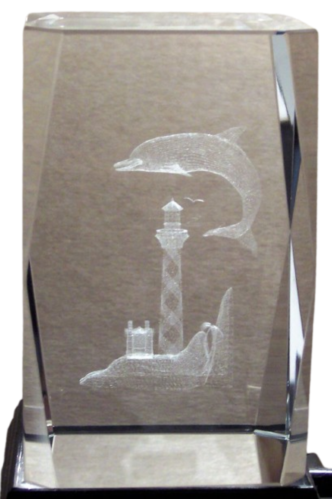 3D Laser Etched Crystal of Dolphin Lighthouse